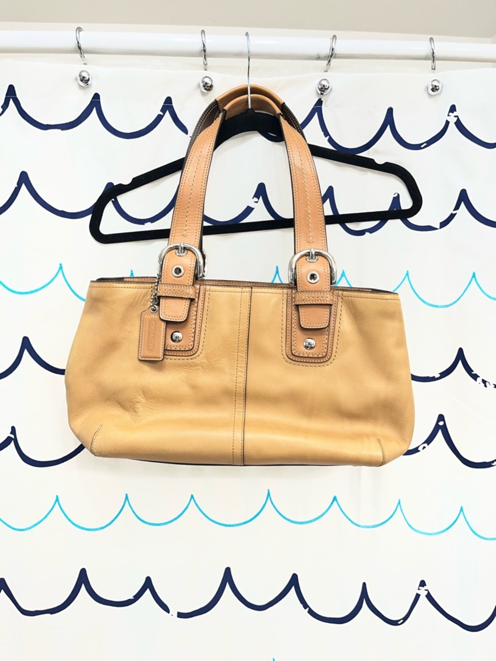Coach Beige Leather Shoulder Tote with Contrast Straps
